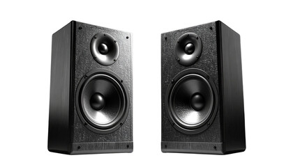 Obraz premium Two black audio speakers isolated on a transparent background, modern and powerful sound system, perfect for music, studio, entertainment, party, or tech design projects.
