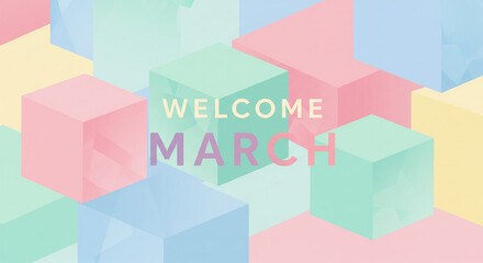 Fototapeta premium Welcome March colorful paper cutout banner spring celebration pastel background