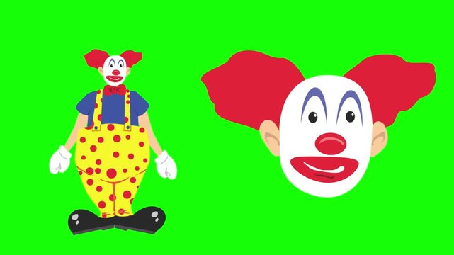 Animation of a clown and a clown head with colorful clothes on a green background, art, 2D.