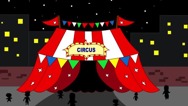 Animation of a circus tent in cartoon style with people, art, 2D..