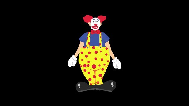 Animation of a clown in colorful clothes on a black background, art, 2D.