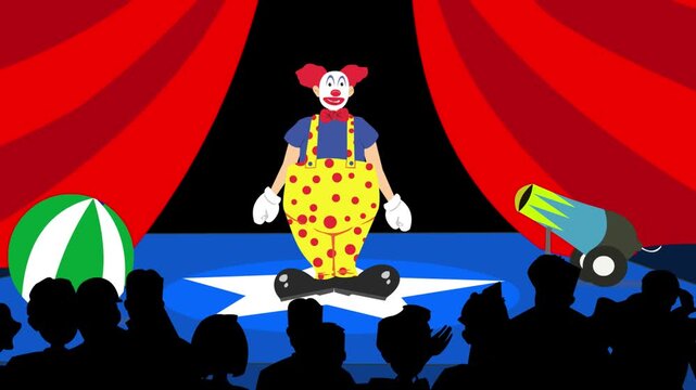 Animation of a clown in the circus ring with an audience in cartoon style, art, 2D.