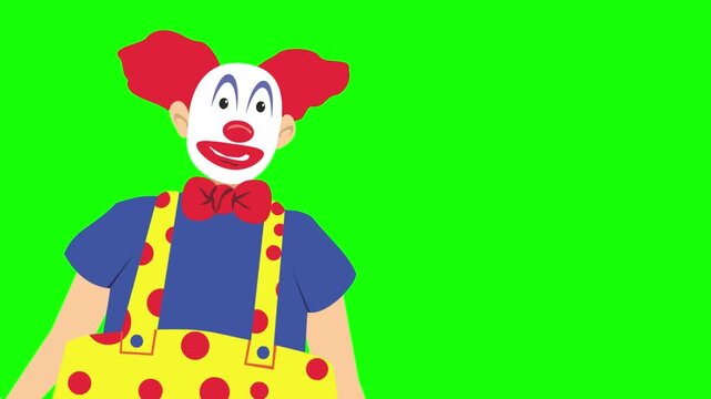 Animation of a clown in colorful clothes on a green background, art.