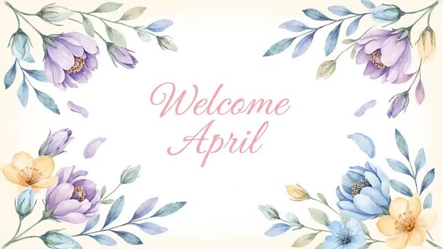 Welcome April, Watercolor florals, painted greeting with violet, blue, yellow soft pastel flower arrangement in spring botanical design for cards