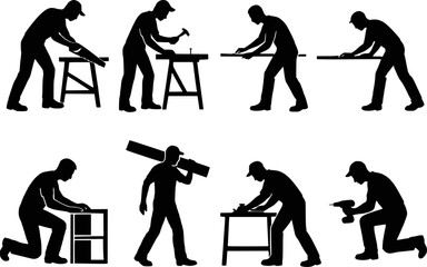 Carpenter silhouette collection action poses woodwork set