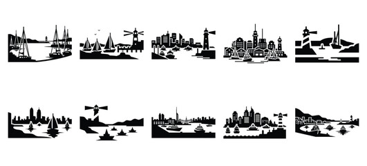 Fototapeta premium silhouette nature harbor bay drawing icons and set of graphics nature elements