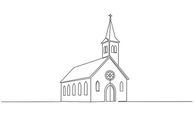 Single continuous line drawing of a church building. Continuous one simple single abstract line drawing of old church icon in silhouette on a white background