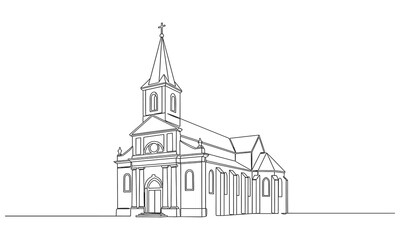 Single continuous line drawing of a church building. Continuous one simple single abstract line drawing of old church icon in silhouette on a white background
