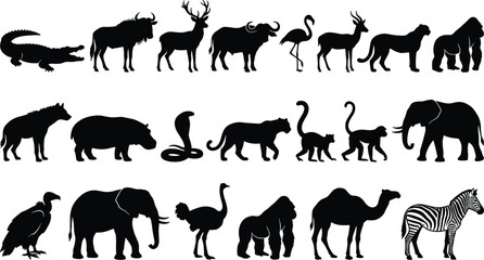 Wild animals silhouettes collection with African safari species including elephant, lion, zebra and gorilla, black vector illustration isolated on white background © MstAnkhi