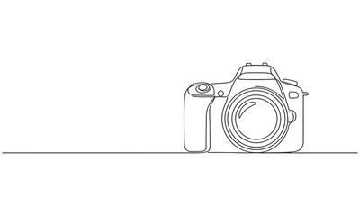 Continuous one line drawing of professional digital camera on a wavy horizontal line. Minimalist contour vector illustration