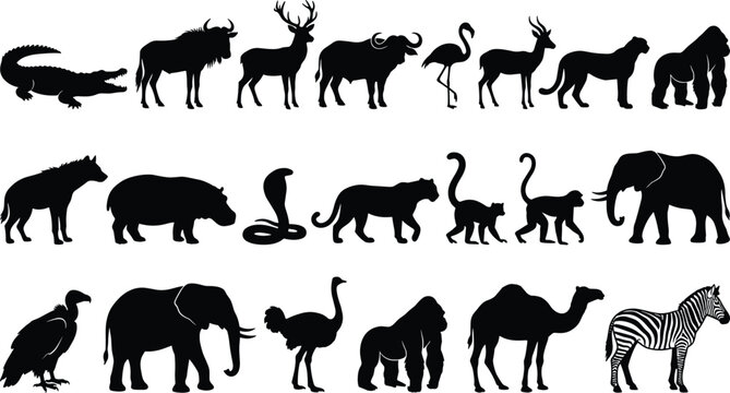 Wild animals silhouettes collection with African safari species including elephant, lion, zebra and gorilla, black vector illustration isolated on white background