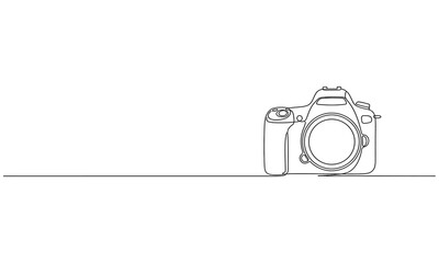 Continuous one line drawing of professional digital camera on a wavy horizontal line. Minimalist contour vector illustration