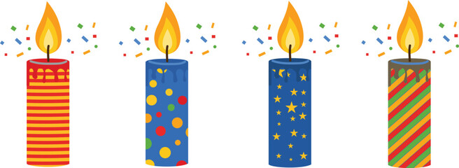 Obraz premium Four colorful birthday candles with flames and confetti with vector illustration