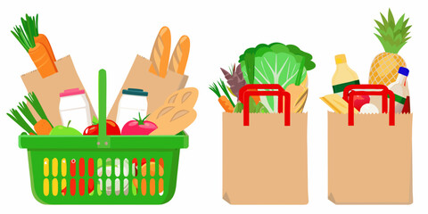 Colorful illustration of a shopping cart filled with various grocery items © Ankan