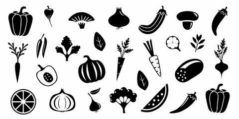 Fototapeta premium Collection of black silhouette vegetable icons arranged in a playful display