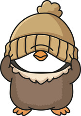 Tiny fluffy Pesto penguin chick hiding in big brown winter knit hat, cute kawaii character, winter cozy warmth concept, cartoon bird vector illustration isolated on white background clipart.