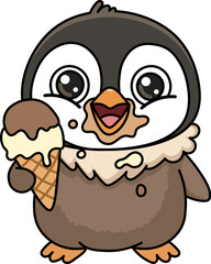 Famous Pesto king penguin chick eating delicious chocolate ice cream cone, cute fluffy kawaii character, summer treat, cartoon bird vector illustration isolated on white background for design.