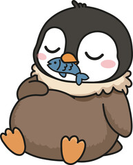 Hungry fluffy Pesto penguin chick eating fresh fish, cute kawaii character feasting on food, king penguin and its prey, cartoon bird vector illustration isolated on white background clipart.
