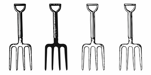 Four vintage gardening forks displayed in a simple illustrative style © Ankan