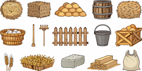 Farm elements illustration depicting hay bales eggs tools and wooden structures © Ankan