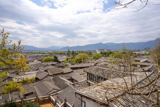 Panoramic view of traditional house of the old town Lijiang, China. Dayan, commonly called the Old Town of Lijiang. Look from Lion Hill.