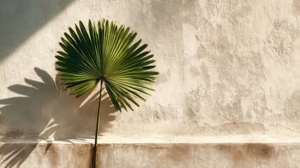 Obraz na płótnie Canvas Single tropical palm leaf casting bold shadow on rustic beige stucco wall, minimalist summer composition with warm sunlight and natural texture