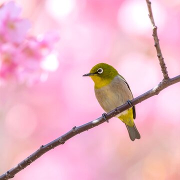 Tiny, vibrant bird perched on a branch surrounded by soft pink blossoms