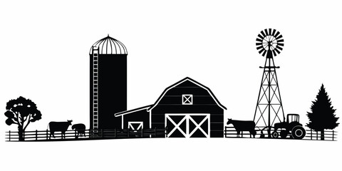 Black and white illustration depicts a classic rural farm scene © Ankan