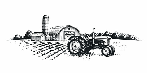 Vintage farm scene featuring a tractor barn and silo in black and white © Ankan