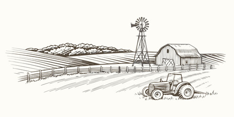 A vintage farm scene featuring a barn windmill tractor and rolling hills © Ankan
