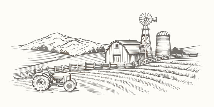 Vintage farm scene with barn windmill tractor and rolling hills