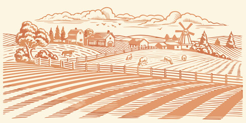 A vintage style illustration depicts a peaceful rural landscape with farmland © Ankan