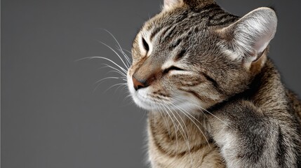 Adorable Tabby Cat with Relaxed Expression Against Gray Background