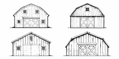 Detailed sketches of traditional american barns from multiple perspectives © Ankan