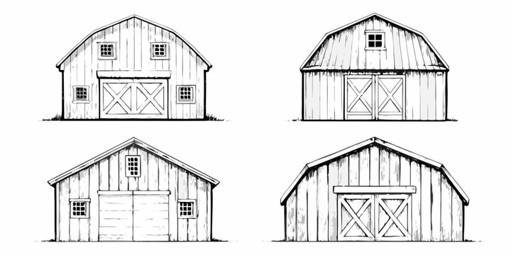 Detailed sketches of traditional american barns from multiple perspectives