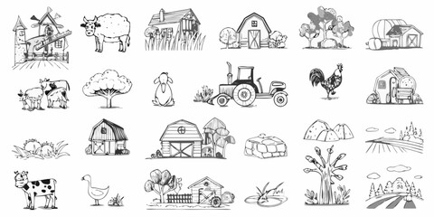 A collection of black and white farm animal and building illustrations © Ankan