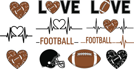  Love football typography set with heart shapes, American football elements and heartbeat line, sports fan vector illustration collection design © Fazlul