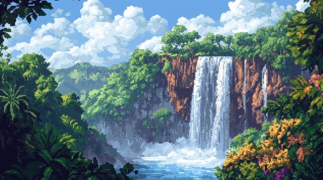 Pixel Art Waterfall Cascading into Lush Jungle Gorge - Detailed 32-Bit Retro Design