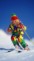a young girl wearing colorful ski gear is skiing down the slopes of an alpine resort, showcasing her skill and confidence as she races through the fresh, snow-covered terrain. the focus is on her face