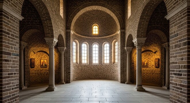Modern brick church interior with vaulted ceiling and arched window
