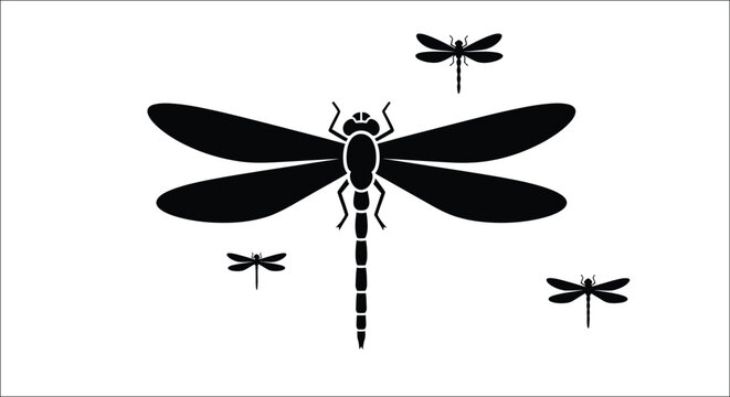 Black dragonfly illustrations with minimal detail presented as a silhouette