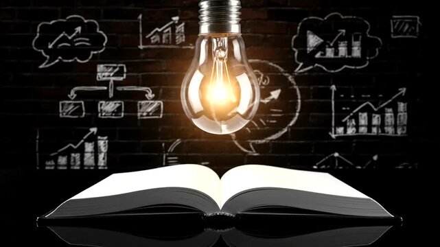 Bright Idea Bulb Illuminating Book & Business Graphs