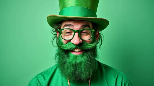 Man wearing leprechaun hat and green beard looking at camera, funny irish costume with glasses, concept of st Patrick day
