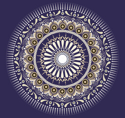Elegant blue and gold mandala design with intricate circular ornamental patterns. Luxurious geometric floral motif with symmetrical details, suitable for background, wallpaper, textile, branding