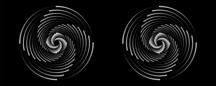 White dots forming a hypnotic spiral vortex pattern on a black background; abstract halftone tunnel