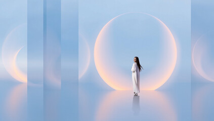 Dreamlike poster woman standing before large glowing circular structure in soft blue reflective...