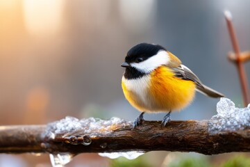 Obraz premium Small Winter Songbird Perched on Ice Coated Branch in Soft Natural Light