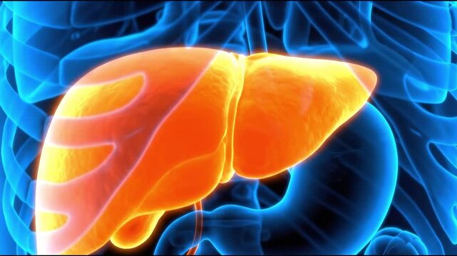 3d rendered human liver illustration with glowing anatomy background, suitable for medical presentations, scientific research, health education, and digital media content.