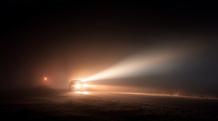 Car drives through thick fog at night on an empty road with bright headlights