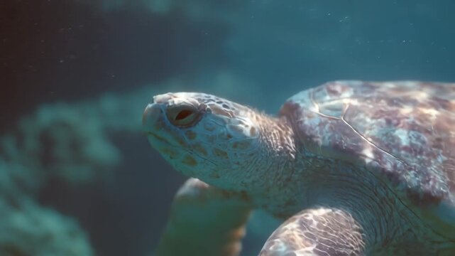 Sea turtle swimming underwater in blue ocean with coral reef and sunlight